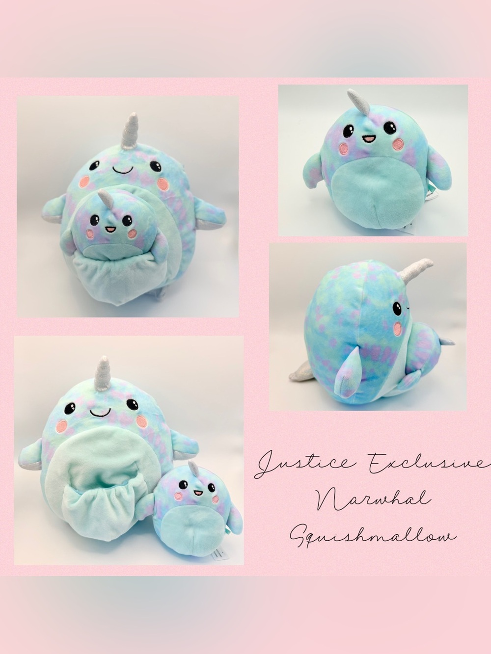 Justice Exclusive Squishmallow “River the Narwhal” Plush Stuffed Animal Set EUC